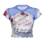 Sweet Wind Collar Bag Sleeve Cherry Cake Blue T-Shirt In Fashion Summer Wood Ear Exposed Umbilical Babes