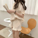 Print Summer Pajamas Set Women Shirts Tops + Shorts Set Two Piece Ruffles Sweet Home Suit Home Clothes