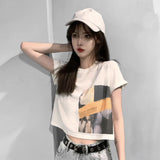 Fongt Celebrity Short-Sleeved T-Shirt Female Jacket Short Style Student Korean Version Loose 2024 Summer New Heart Machine Crop Ins