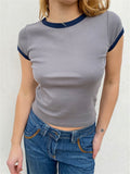 Color Patchwork Short Sleeve Causal T-shirts Crop Tops Summer Streetwear 2023 Women Oneck Slim Fit Basic Tees Shirts-Outfit