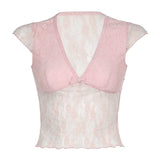 Girl Feeling Lace Bow Stitching Small Sexy V-Collar Perspective Color Slim Flying Sleeve T-Shirt