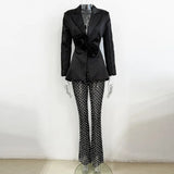 Fongt Spring And Summer New Hollow Nail Bead Three-Dimensional Flower Suit Pearl Brighten Mesh Trousers Set