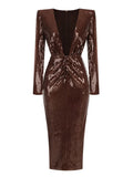 Brown Sequin Deep V-Neck Long Sleeve Evening Midi Dress-Outfit
