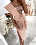 New Wish Independent Station Oblique Shoulder Middle Waist Long Solid Color Women's Bead Piece Spliced Dress-Outfit