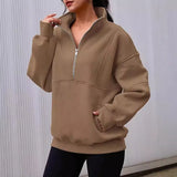 Fongt Women's Pocket Half-Zip Loose Leisure Splicing Collar Plus Velvet
