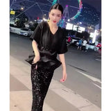 Light Luxury High Grade Women's Dress Set with Folded Waist, Top, Belt, Sequin Half Dress Two Piece Set-Outfit