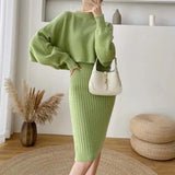 2022 New Fall/Winter Bat Sleeve O-Neck Soft Sweater + Women's Knitted Vest Long Dress Two-Piece Dress