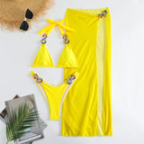 2023 New Bright Diamond Solid Color Long Dress Mesh Three-Piece Swimsuit