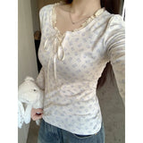 Ruffled Lace Trim Front Tie Long Sleeve Tee-Outfit