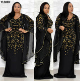 African Dresses for Women Dashiki Diamond African Clothes Bazin Broder Riche Sexy Slim Ruffle Sleeve Robe Evening Long