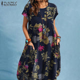 ZANZEA Summer Woman Vintage Dress Bohemian Floral Printed Holiday Casual Robe Vestidos O-Neck Short Sleeve Knee-length
