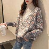 Winter Korean Female Geometric Jacquard Sweaters Vintage Fashion Patchwork Turtleneck Knitted Jumpers Women's Clothing-Outfit