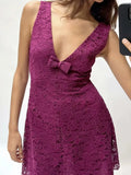 Fongt 2025 New Fashion Sexy Deep V Collar Small Bow Decorated Lace Lace Waist Dress Dress