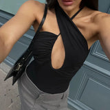 Black Backless Hollow Asymmetric Strap Bodysuit-Outfit