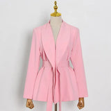 Casual Pink Lace Up Korean Fashion Slim Female Blazer Notched Long Sleeve Solid Women Outfits Spring 2021 Style