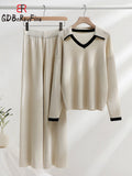 Knitted Sets Tracksuit Women V-Neck Long Sleeve Pullover High Waist Wide Leg Pants Casual 2 Piece Sets Womens Outfits-Outfit
