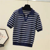 Vintage Short Sleeve Knitted T-shirts Girls Basic Striped Stretchy V-neck TShirts Tops For Women-Outfit