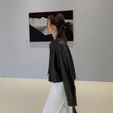 PU Leather Jacket Women Button Up Lapel Collar High Waisted Motorcycle Jackets Spring Fall Outfits