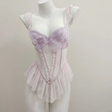 Fongt Pure-Style Purple Bow Bow Mesh Yarn Women's Summer Sexy Bare Backs Thin Slings With Pajamas Thin