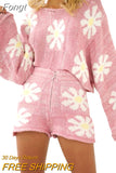 Women’s 2 Piece Fall Outfits, Long Sleeve Off Shoulder Floral Knit Tops + High Waist Zip Up Shorts Sets Spring