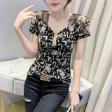 Folds Diamonds T-shirt Casual Gauze Spliced Female Clothing Sequined Slim Sexy V-Neck Summer Letter Printed Pullovers-Outfit