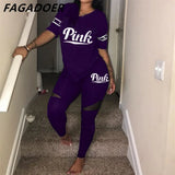 Casual 2 Piece Sets Women's Tracksuits Suit Pink Letter Print Sweatsuit Plus Size S-2XL Tshirt And Skinny Pants 2pcs