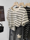 Jacquard Striped T-Shirt Women's Short-Sleeved Summer 2024 New Shoulder Blouse Retro Trend-Outfit