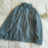 Embroidery Zip Up Fleece Jacket-Outfit