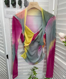 Women Twisted V Neck Long Sleeve T-shirts Tops Girls Stretchy Tie-dyed Mesh Sheath Tee Shirts For Female-Outfit