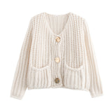 Fongt Women's Solid Color Single Buckle Double Pocket Short Thick Knit Shirt Coat Top B66004