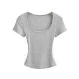 Trend Spice Girls Basic Style Large U-Neck Straight Shoulder Short-Sleeved T-Shirt Slim And Elastic Blouse-Outfit