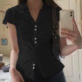 Solid Color Button Down Short Sleeve Blouse-Outfit