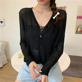 Thin Knit Cardigan Women V-Neck Knitted Casual Transparent Sweater Shirts Lady Simple Solid Outwear for Female-Outfit