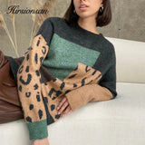 Leopard Patchwork Cashmere Sweater Women Loose Casual Knitted Pullovers Autumn Soft Knitwear Female Retro
