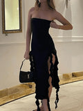 Irregular Ruffle Bandeau Maxi Dress-Outfit