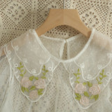 Lolita Blouses Women Mesh Patchwork Flower Embroidery Peter Pan Collar Shirts Flare Sleeve Thin Inside Tops Mujer Autumn-Outfit