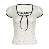 Flower Printing Lace-Up Bubble Bubble Short-Sleeved Knitted T-Shirt Slim, Hanging Neck, Sweet Blouse-Outfit