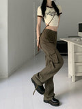 Low Waist Y2K Cargo Jeans Women Grunge Streetwear Oversize Parachute Pants Female Pockets Retro 90s Beige Denim