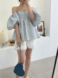 Jacquard Shirts & Blouses Puff Short Sleeve Blusas Off Shoulder Camisas 2 Ways Wear Ropa Mujer 2024 Summer Tops-Outfit