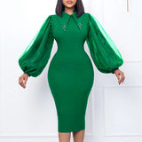 Fongt Women's Spring And Autumn Long-Sleeved Large-Size Bag Hip Nail-Bead Mesh Splicing Commuter Pencil Skirt Dress