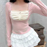 Aesthetic Square Lace Trim Long Sleeve Tee-Outfit