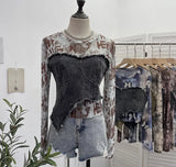Solid Shooting Tie-Dye Print Spliced Denim T-Shirt Girl Autumn Design Sense Irregular Hair Side Short-Sleeved Top