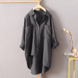 Fongt Women's Casual Wind Solid Color Shirt Autumn Cotton And Linen Cardigan Double Pocket Long Sleeved Top 7 Color Size