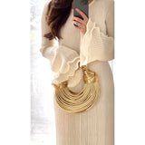 Fongt Women's Explosive Folding Wave Side Show-Back Long-Sleeved Dress