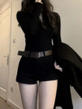 Simple V-neck Long Sleeve Slim Fit Black Tops Women+ Y2k Grunge High Waist Split Shorts 2024 Summer New Two Piece Sets-Outfit