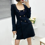 New Women Retro Elegant Square Neck Suit Dress Long Sleeve Dress Office Casual Dresses Spring Autumn Slim Mini