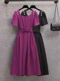 Women Summer French Vintage Square Collar Short Sleeve Dresses Office Ladies Elegant Solid High Waist A-line Dresses