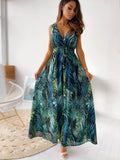 Fongt Women's Dress 2025 Dress Summer Floral Bare Back Sleeveless Dress V-Neck Temperament Elegant