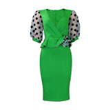 Fongt Summer New Mesh Velvet Bubble Sleeve V Neck Fashion Elegant Bag Of Hip Dress
