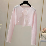 Summer Thin Sweater Shirts Lady Full Sleeve Laced Knitted Cardigan Outwear for Woman-Outfit
